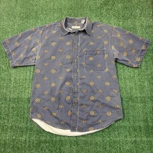 Vintage 90s Bugle Boy Company Button Up Shirt Blue Faded Paisley Print Large